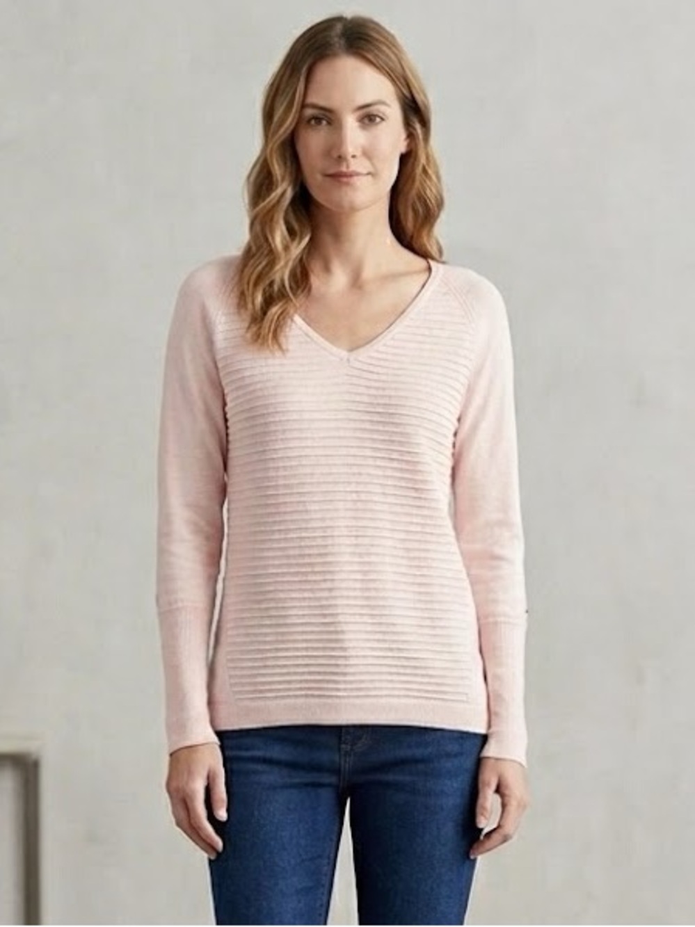 Calia Light Pink Ribbed V-Neck Sweater, gathered in back long sleeve size medium
